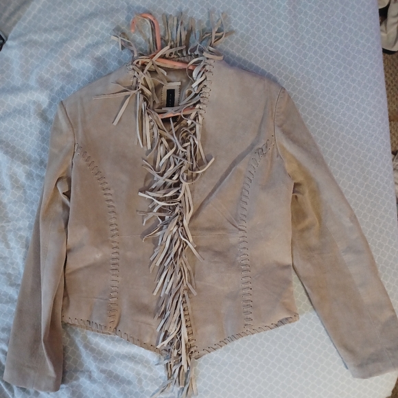 ATELIER Cowgirl sz M tan Leather Suede Rider Jacket middle fringe lace u… - Picture 1 of 13